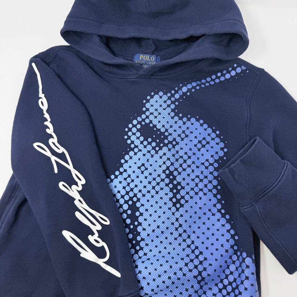 Polo Ralph Lauren Boys Medium‎ 10-12 Navy Blue Big Pony Halftone Graphic Hoodie